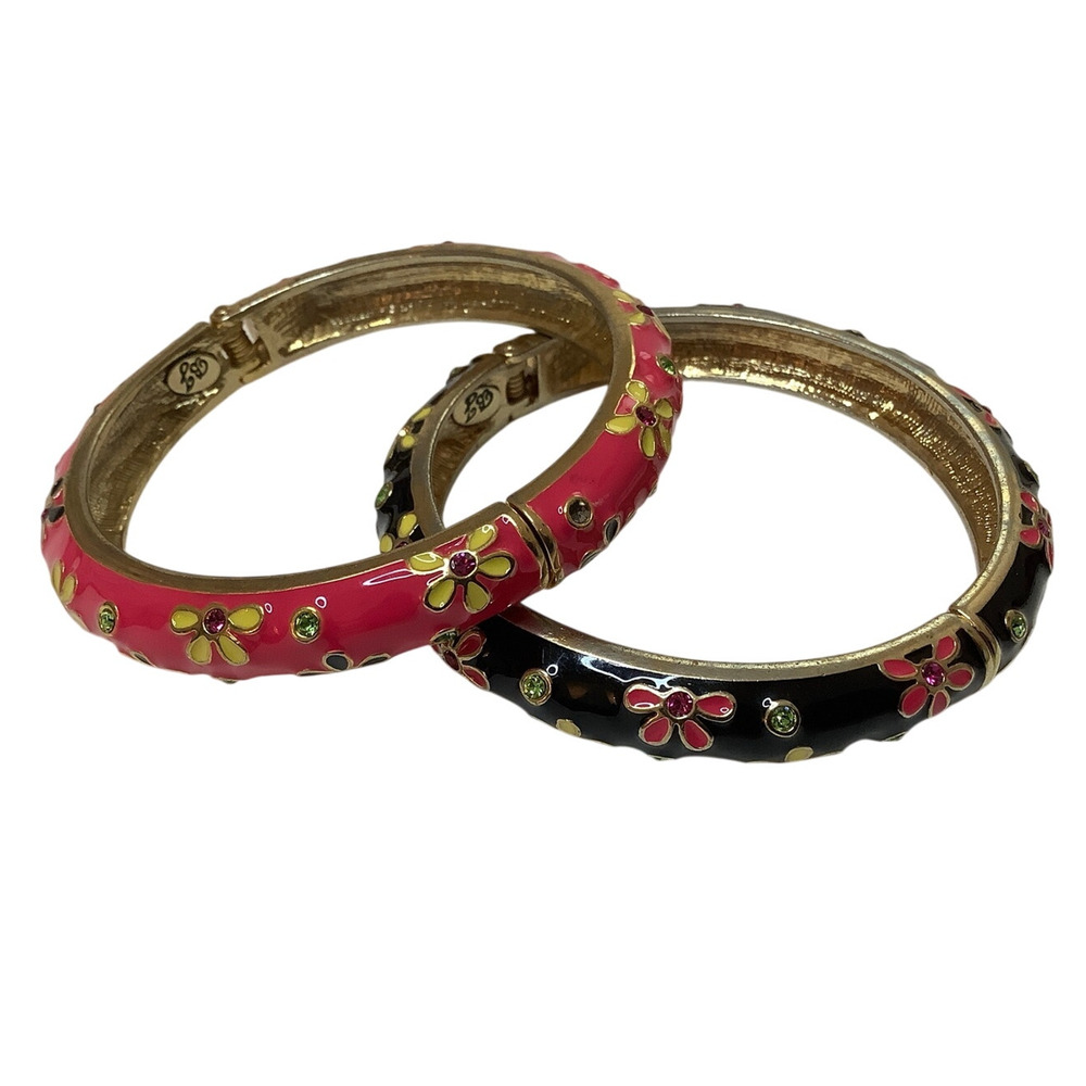 Betsey Johnson Black & Pink Floral Enamel Bangle Bracelet Set Vintage A6-6